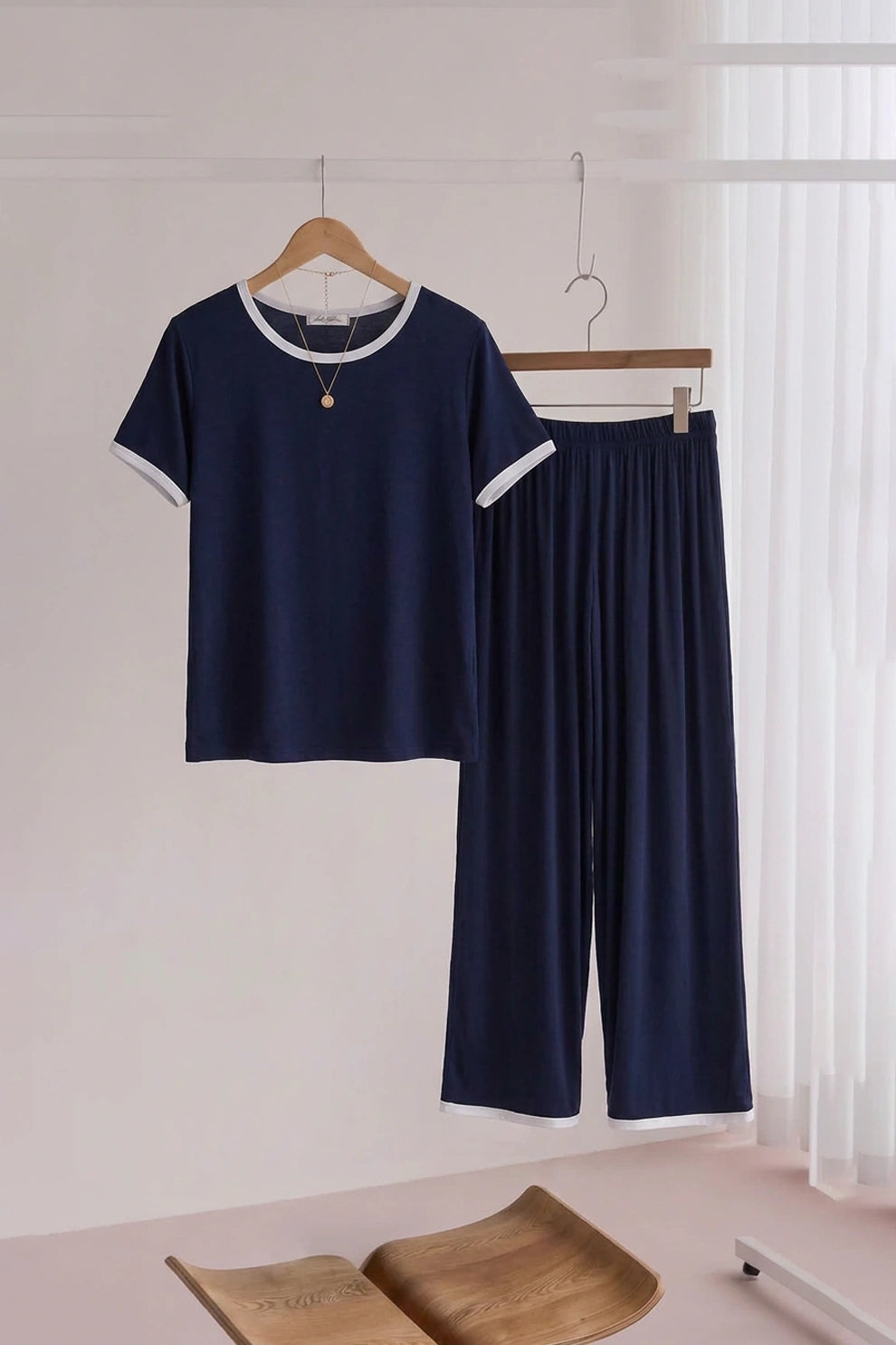 Plain Blue Tshirt With White Round Neck And PLazo Pajama (Half Seeleve)