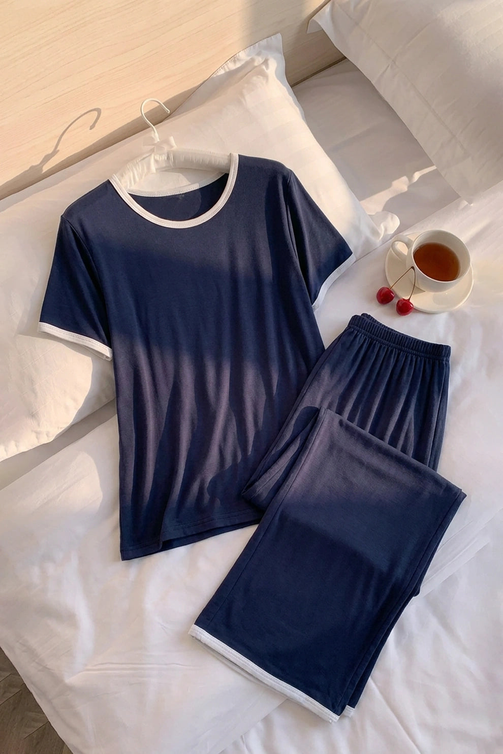 Plain Blue Tshirt With White Round Neck And PLazo Pajama (Half Seeleve)