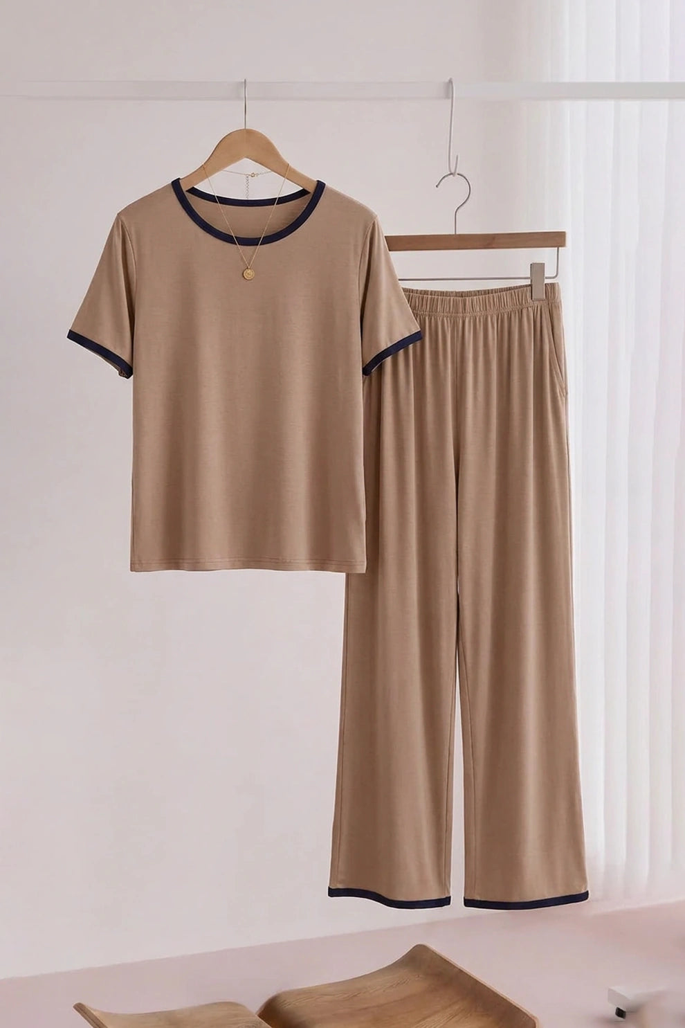 Plain Coffee Colour Tshirt With Black Round Neck And PLazo Pajama (Half Seeleve)