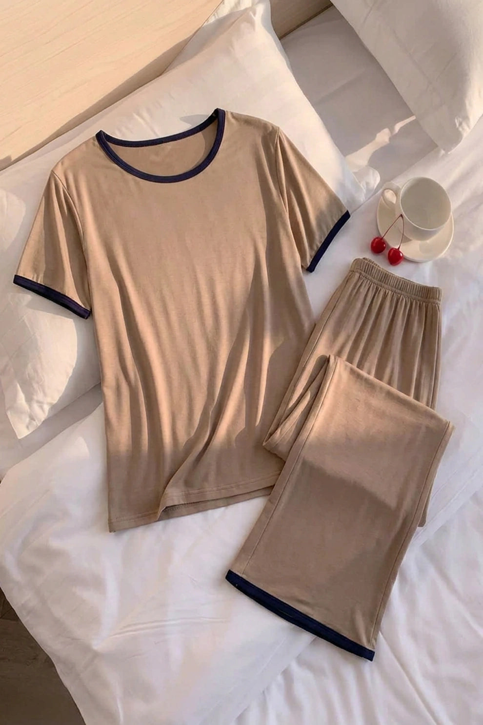 Plain Coffee Colour Tshirt With Black Round Neck And PLazo Pajama (Half Seeleve)