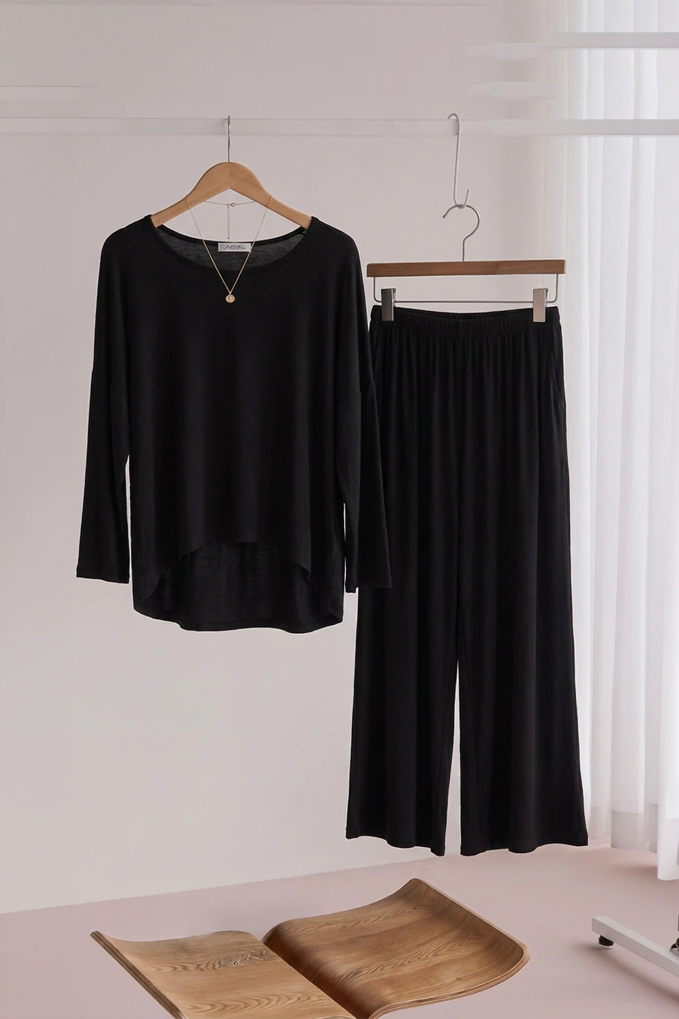 Deep Black Round Neck Plazzo PJ Set