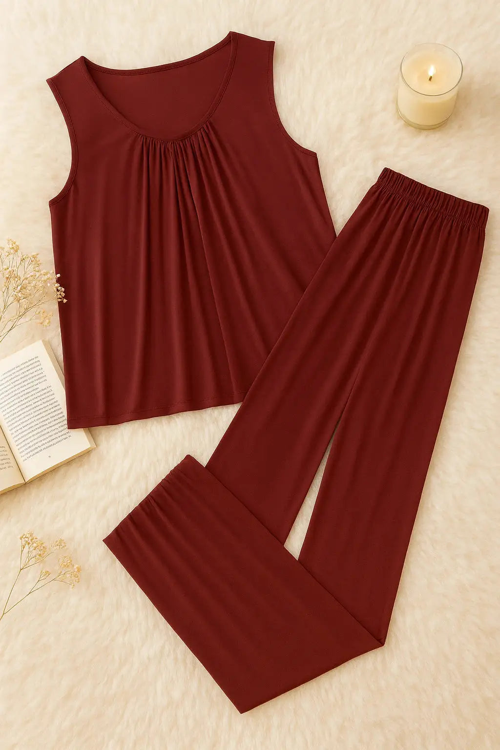  - Plain Maroon Sando Tshirt With PLazo Pajama
