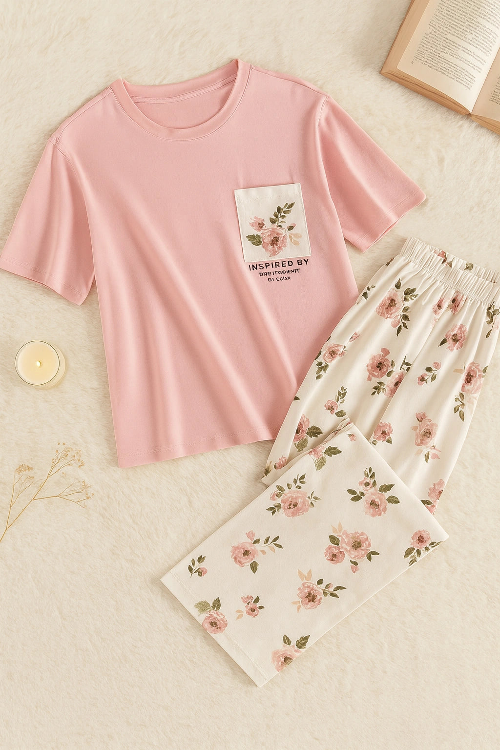 Pink Flower Printed Pocket Half Sleeves Shirt and White Flower Printed Trouser Night Wear