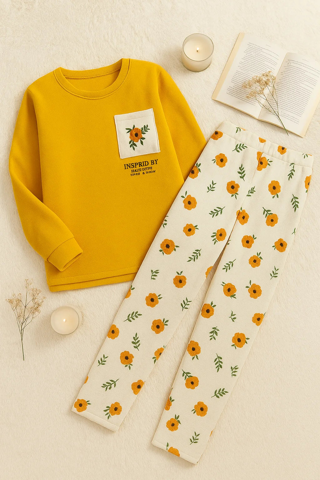 Winter Yellow Flower Co-Ord Set Night Suit