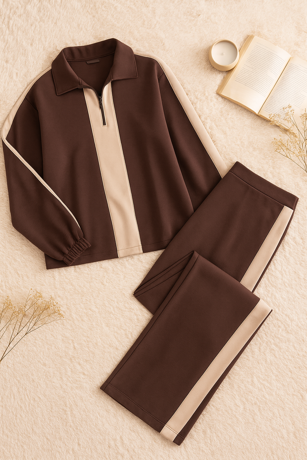 Zipper twin color winter fleece fabric track suit - Brown