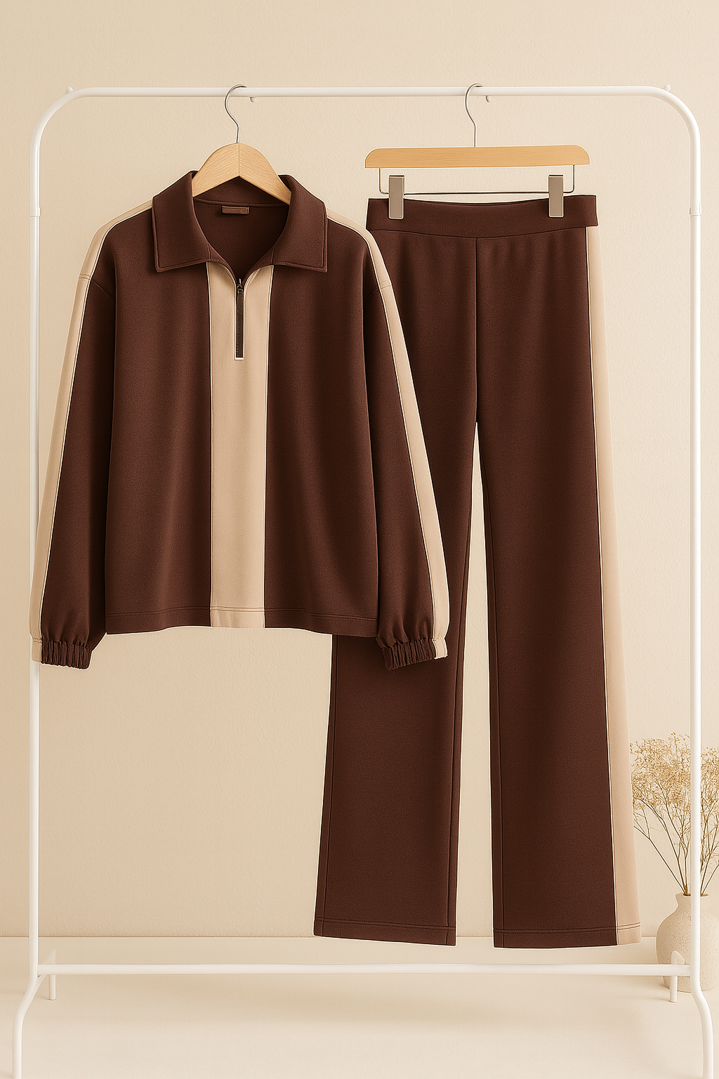 Zipper twin color winter fleece fabric track suit - Brown