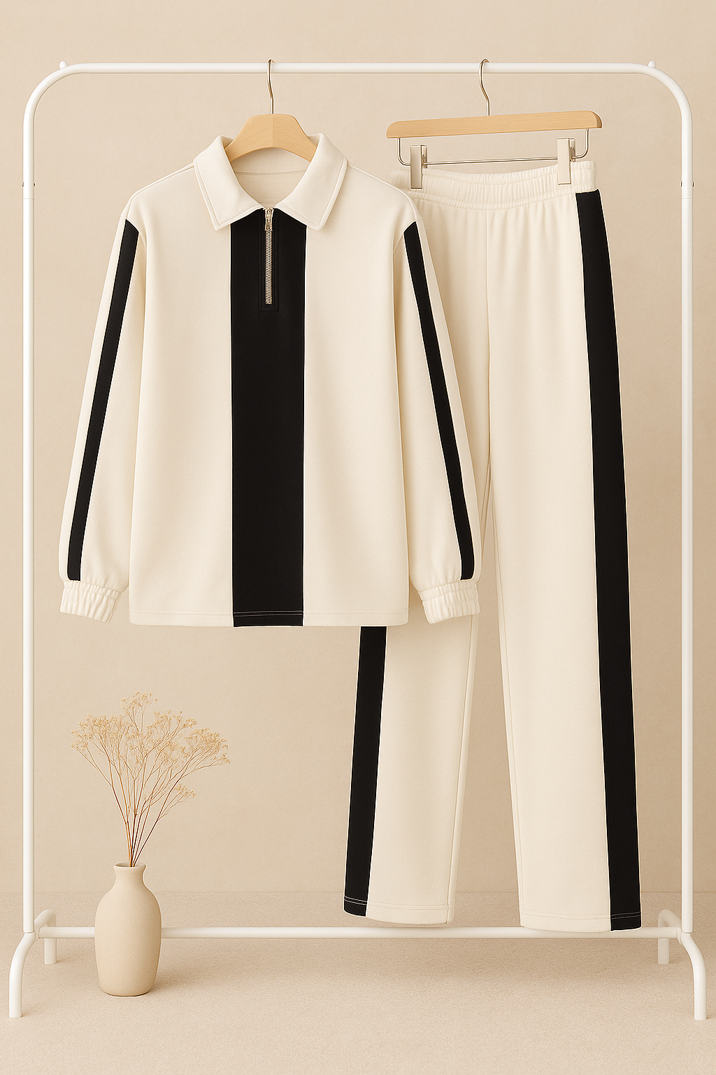 Zipper twin color winter fleece fabric track suit - Beige and Black