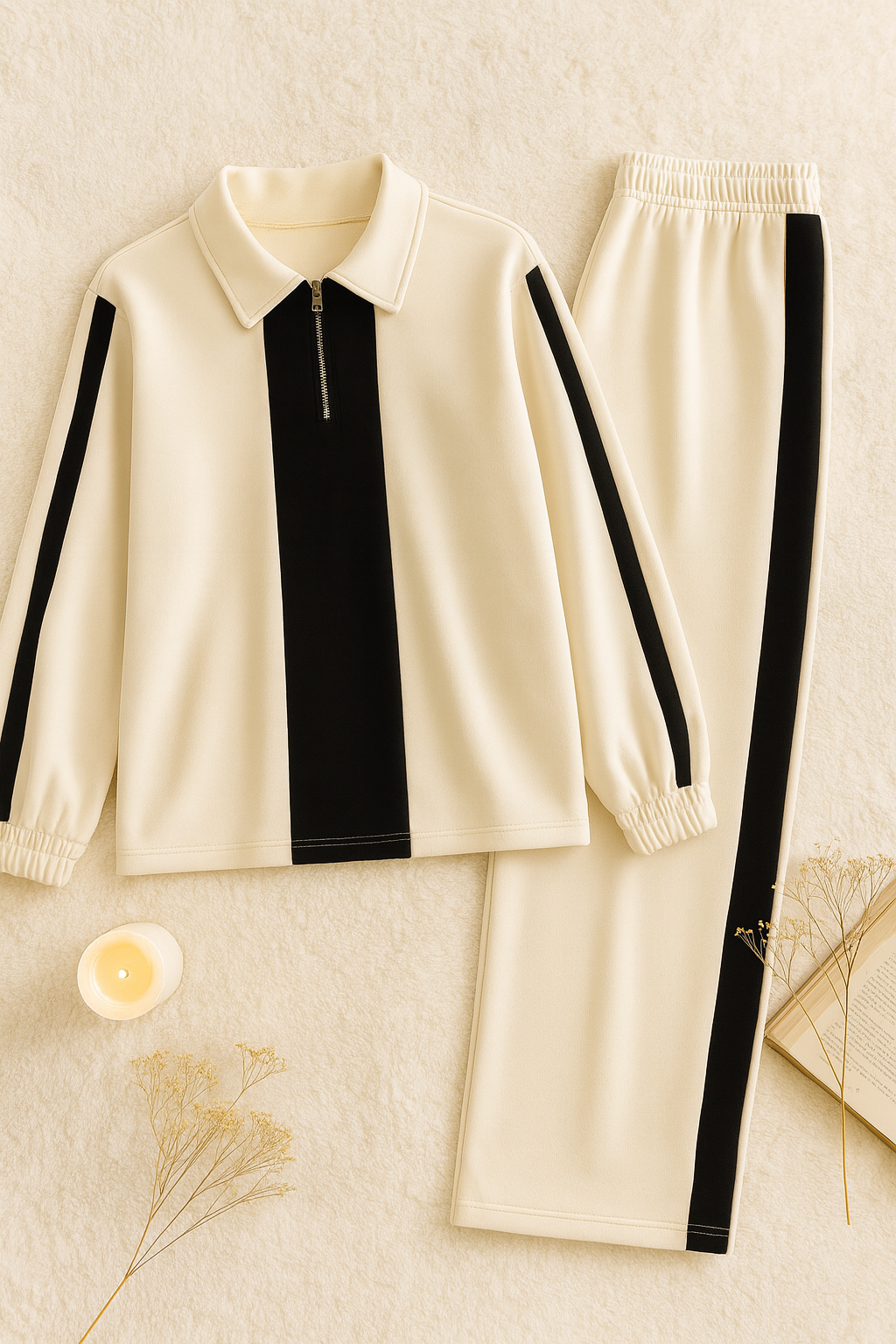 Zipper twin color winter fleece fabric track suit - Beige and Black