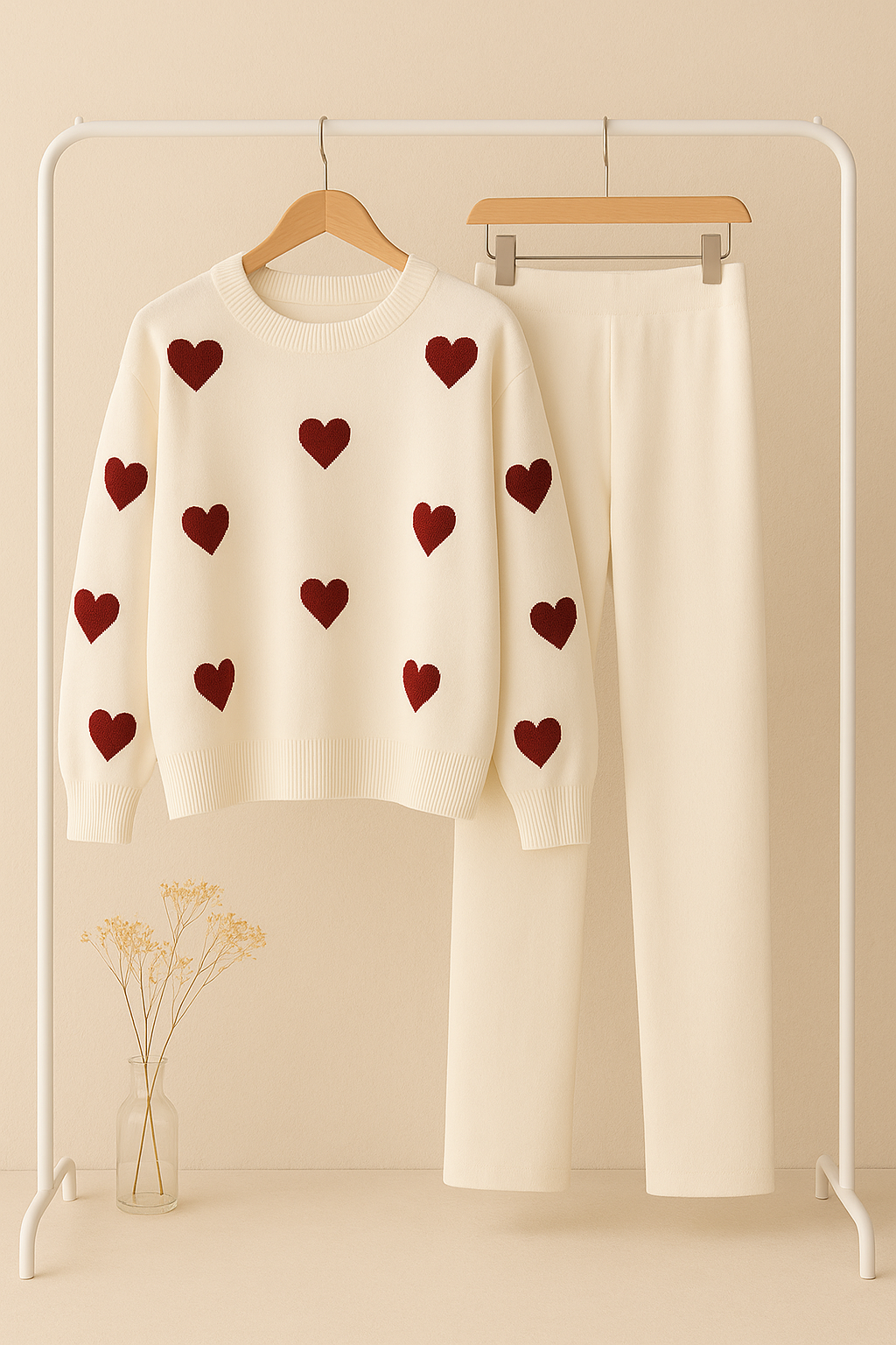 Heart printed warm winter fleece co ord Set - White and Red