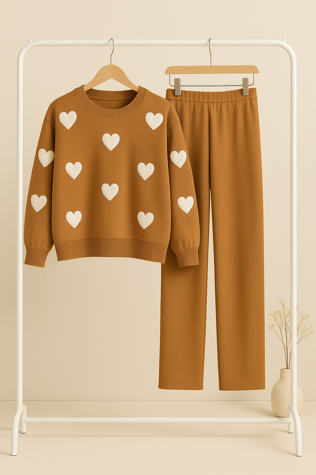 Heart printed warm winter fleece co ord Set - Brown and White