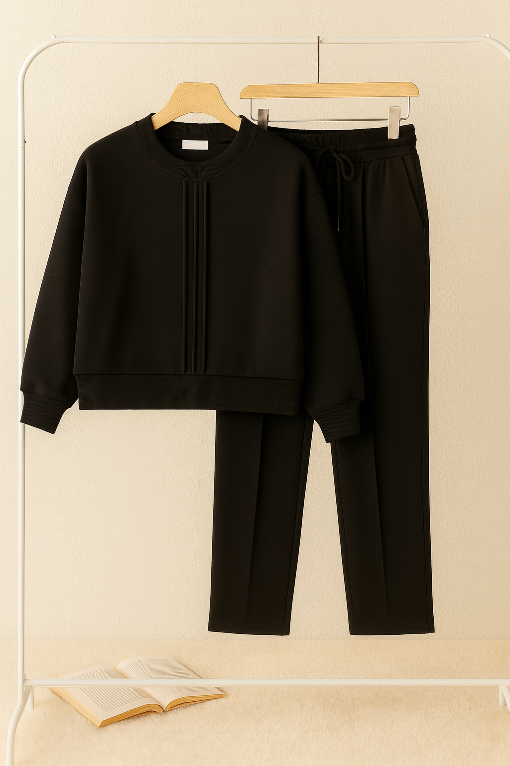 Winter Fleece Co-ords: Stylish Black 2-Piece Set with Cocoon Pants and Sweatshirt