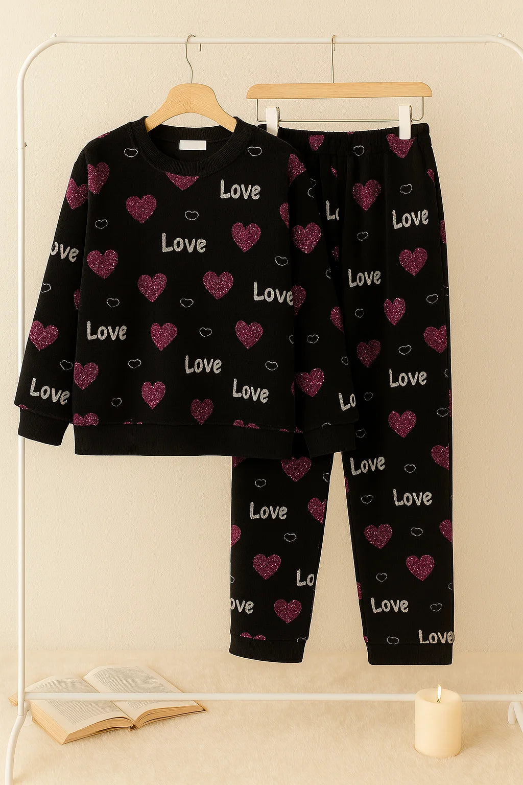 Winter Black Love Heart Co-Ord Set Night Suit