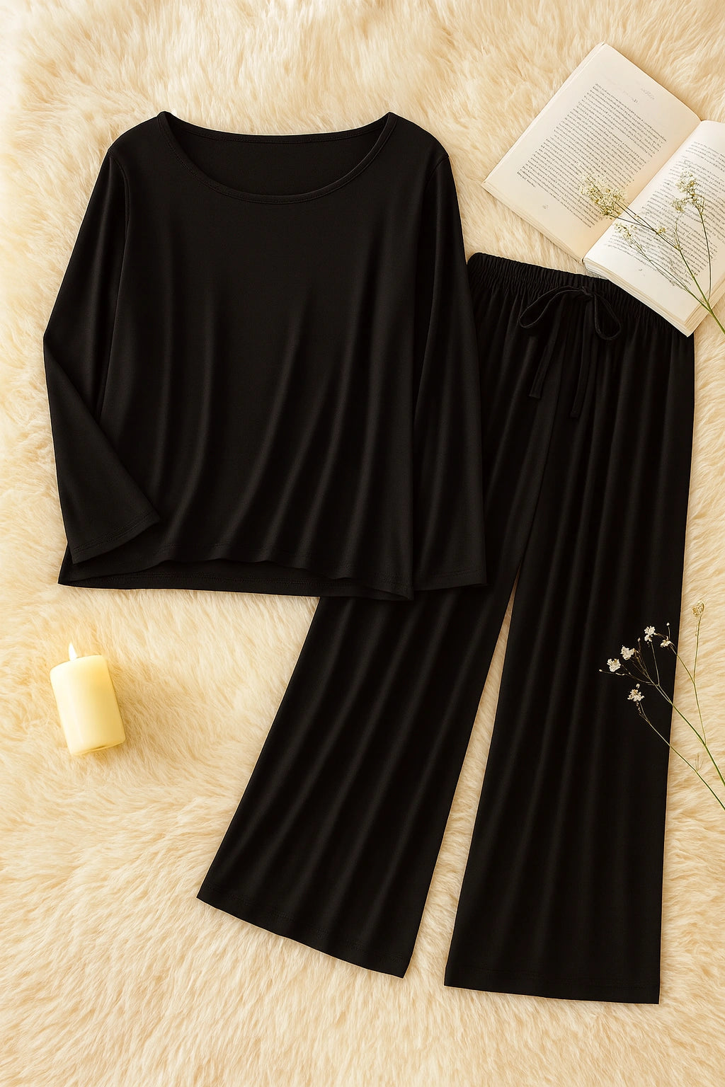 Deep Black Round Neck Plazzo PJ Set