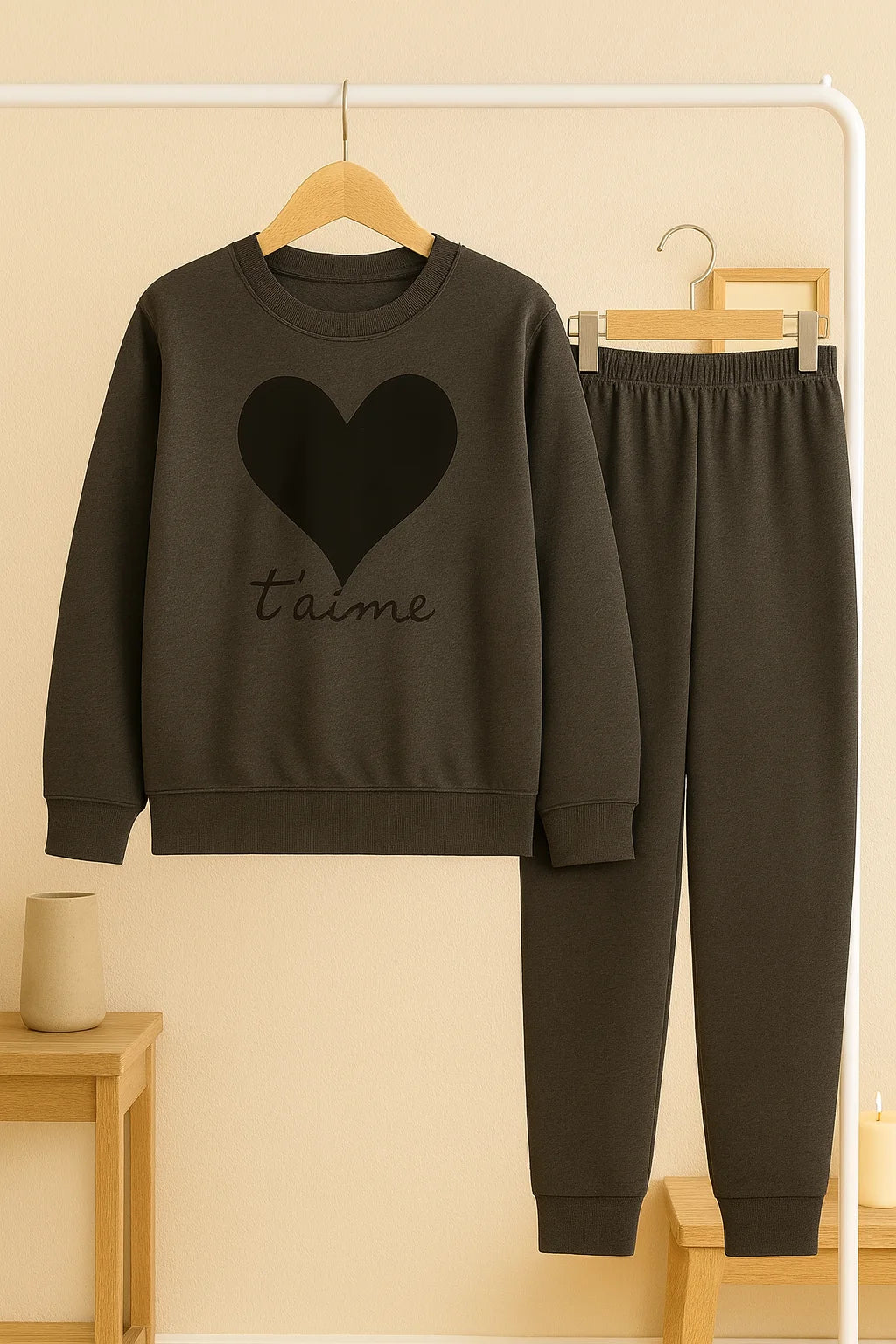 Winter Black Gray Heart Co-Ord Set Night Suit