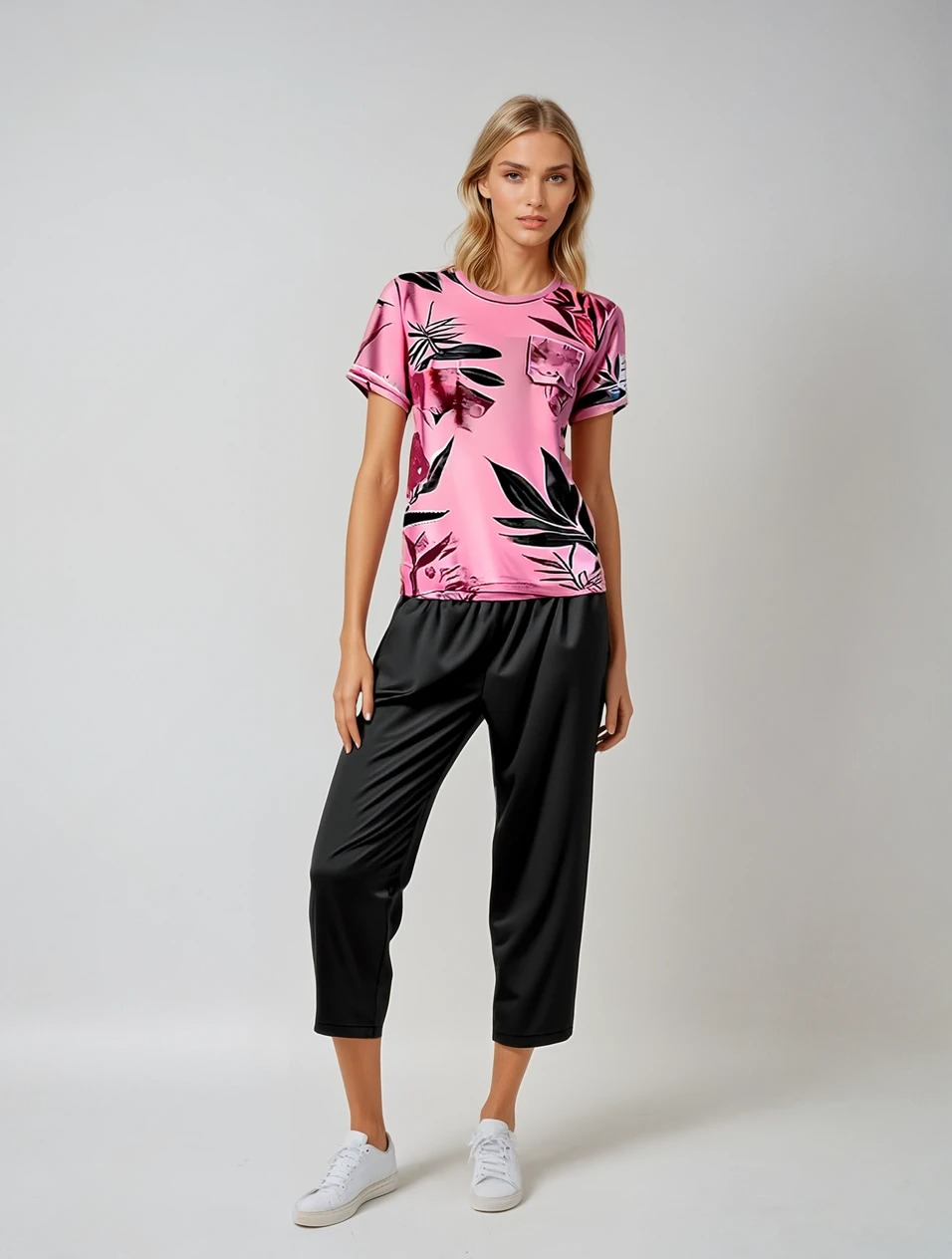 BLUSH LEAF PRINTED SHIRT AND BLACK TROUSER