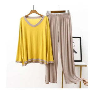  - Yellow V-Neck T Shirt with Contrast Trouser PJ Set