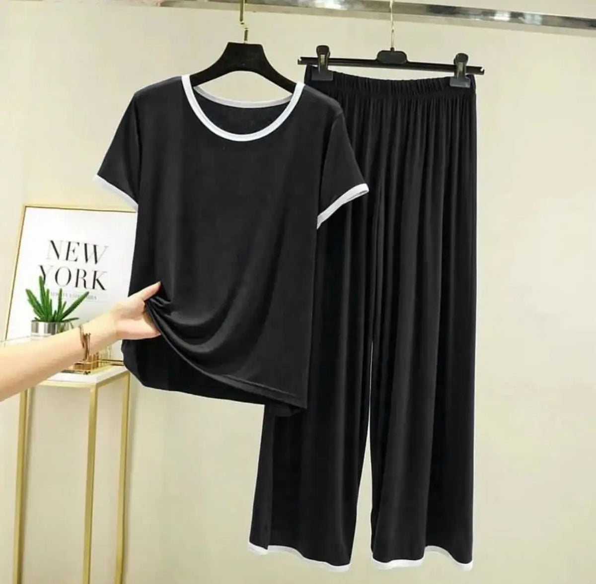  - Plain Black Tshirt With White Round Neck And PLazo Pajama (Half Seeleve)