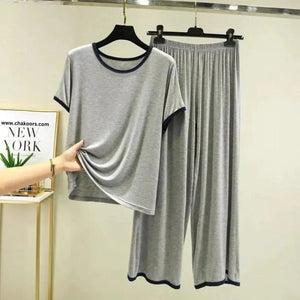  - Plain Grey Tshirt With Black Round Neck And PLazo Pajama (Half Seeleve)