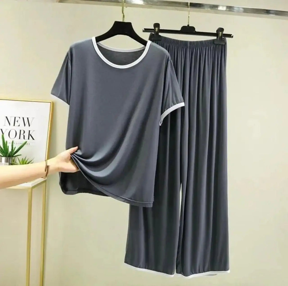  - Plain Grey Tshirt With White Round Neck And PLazo Pajama (Half Seeleve)