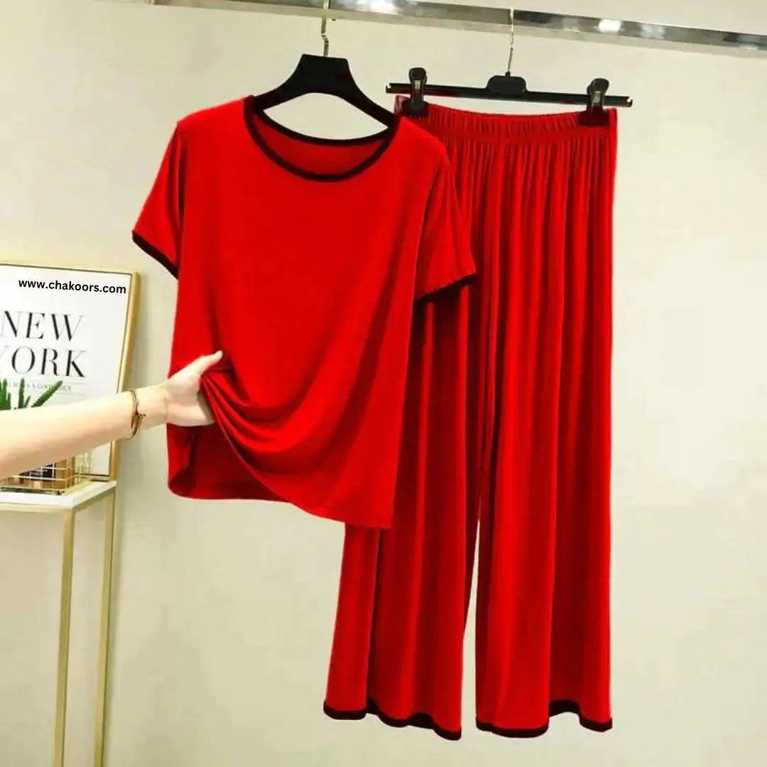  - Plain Red Tshirt With Black Round Neck And PLazo Pajama (Half Seeleve)