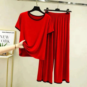  - Plain Red Tshirt With Black Round Neck And PLazo Pajama (Half Seeleve)