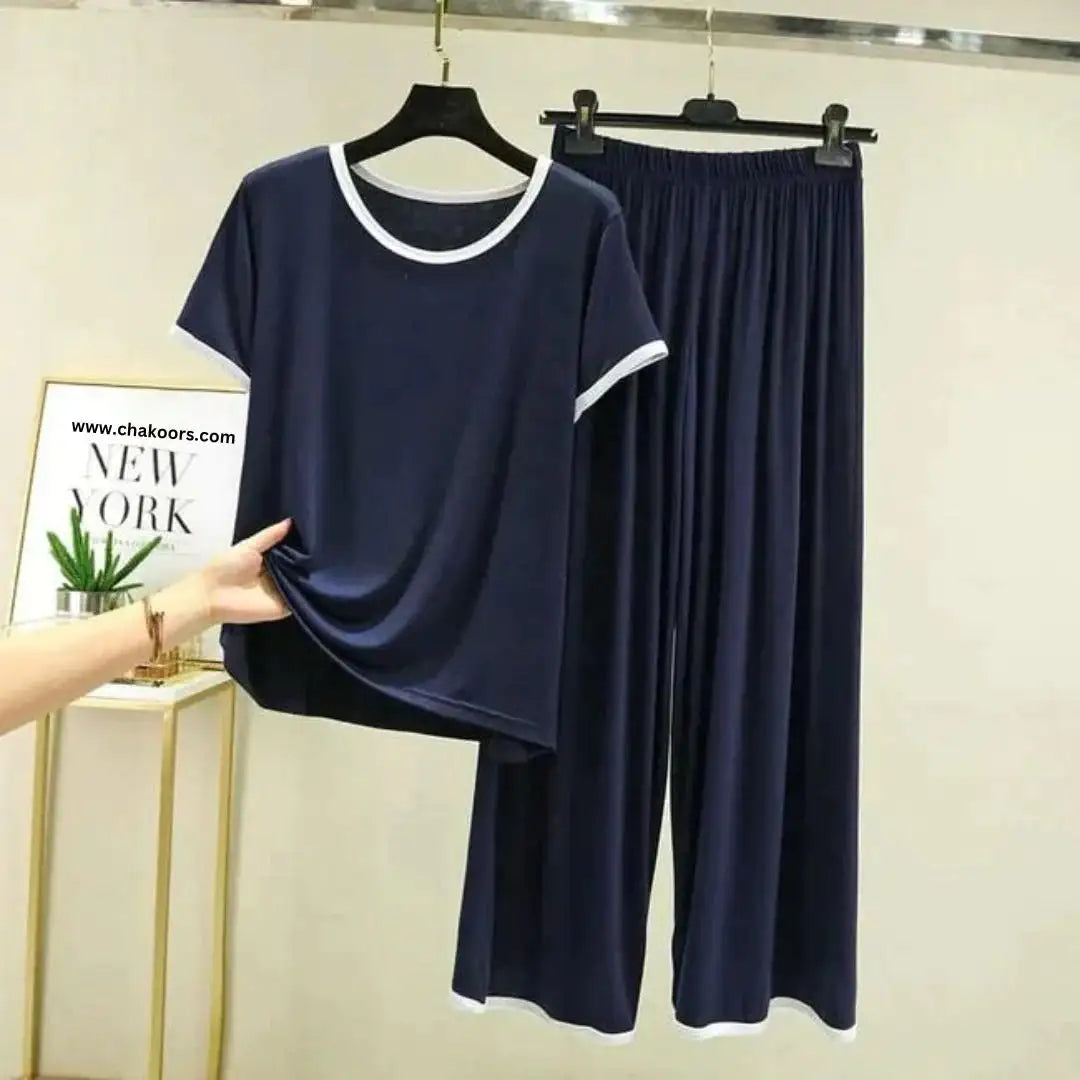  - Plain Blue Tshirt With White Round Neck And PLazo Pajama (Half Seeleve)