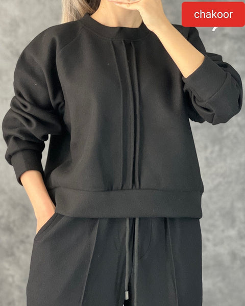 Winter Fleece Co-ords: Stylish Black 2-Piece Set with Cocoon Pants and Sweatshirt