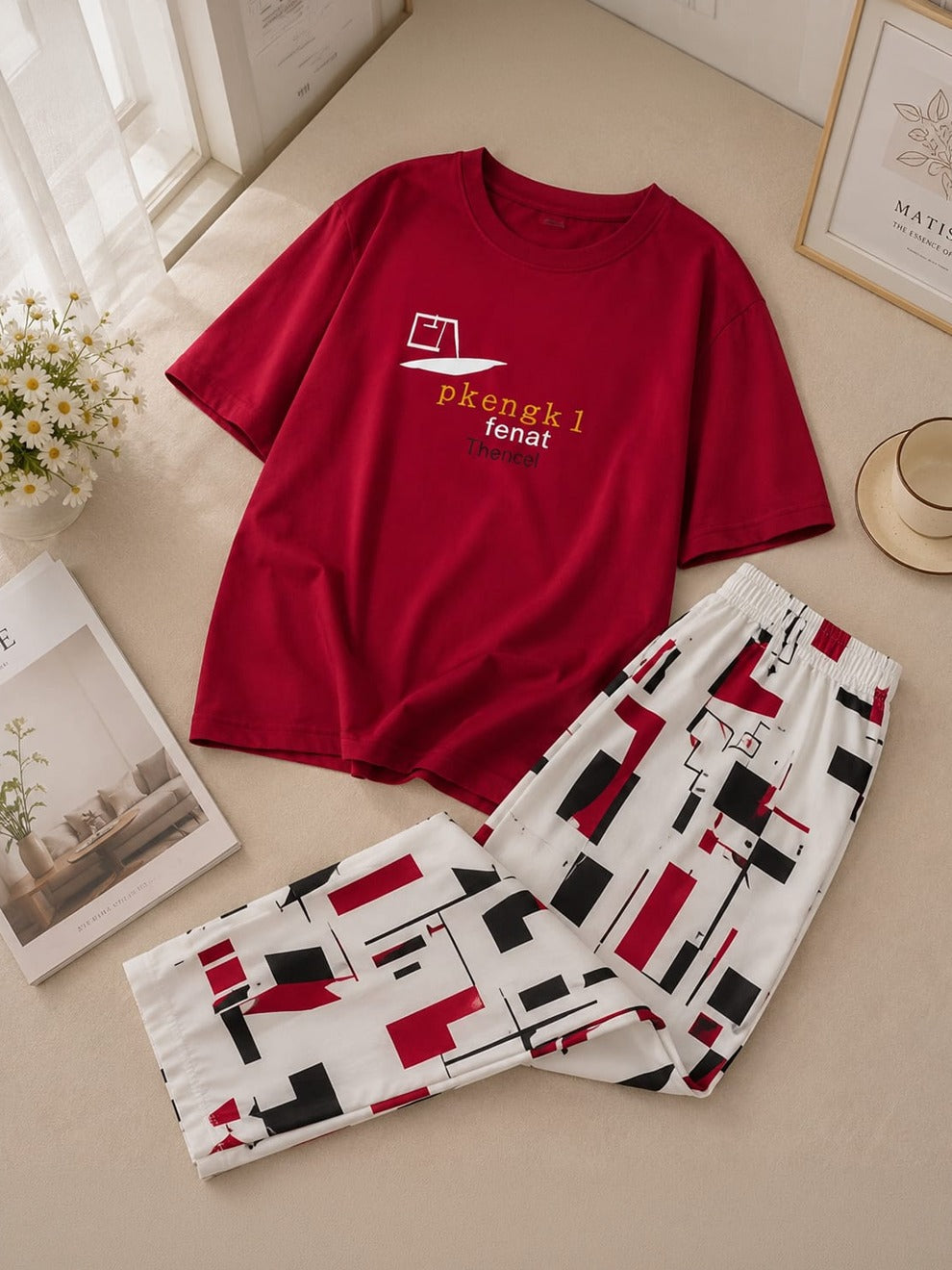 Red Printed Summer Night Suit