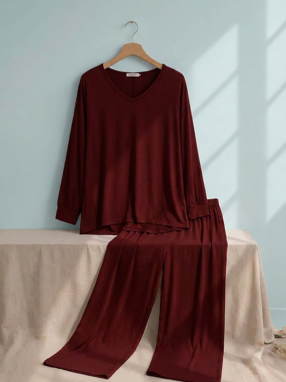 Maroon V-Neck Women Night Suit PJ Set