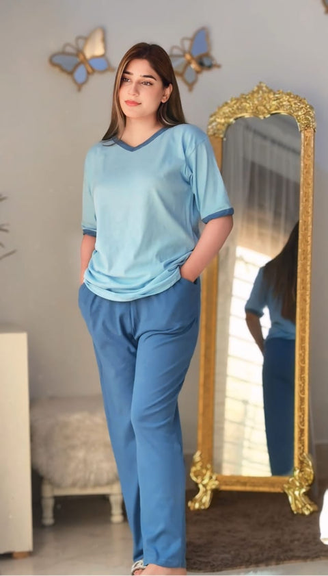New Blue V Neck T-Shirt with Contrast Pocket Pajama