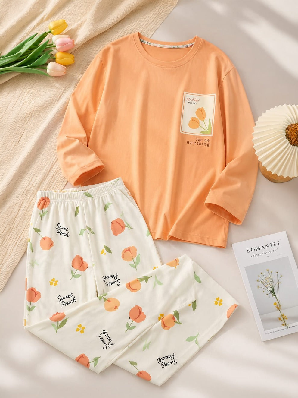 Peach Print Soft Night Suit.